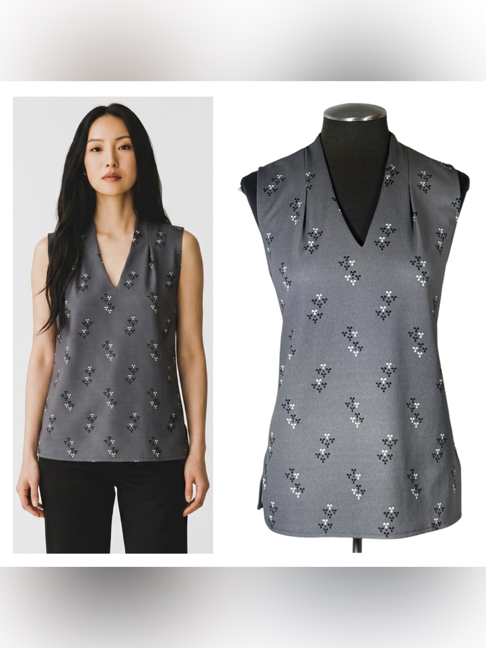 🆕 Ann Taylor Factory – Gray Print Sleeveless Pleated V-Neck Top – Medium